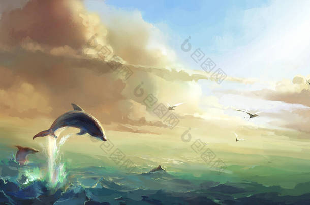 阳光下的大海，跳跃的海豚，数字图解.