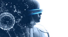 白底上有紫色头发的漂亮女人.戴着虚拟现实眼镜的女孩。扩大的现实，游戏，未来的技术，人工智能概念。VR 。蓝色霓虹灯。双曝光肖像画.