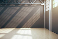 最简约的仓库内部，有灰色的空墙。工业和建筑概念。3D渲染