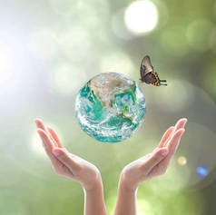 世界环境日与生态友好的概念，绿行星与树叶携手并肩：美国宇航局提供的这一图像要素