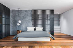 风格时尚的阁楼卧室前视图，灰色和白色墙壁，深色木地板，舒适的国王尺寸床，圆形床头柜和架子为背景。3d渲染