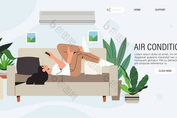 在炎热的夏天，一个女人舒适地躺在配备了<strong>空调</strong>或冷却系统的客厅里的沙发上，散热。家用智能<strong>空调</strong>气候控制系统.