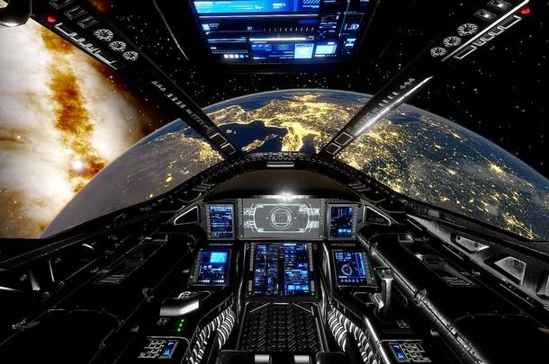 从宇宙飞船的驾驶舱、驾驶舱宇宙飞船背景、驾驶舱<strong>UFO</strong> 3d渲染的视图