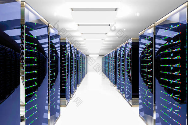 服务器架在服务器机房云端数据中心.Datacenter硬件集群。带有存储信息的备份、托管、主机、挖掘、农场和计算机机架。3D渲染。3D插图