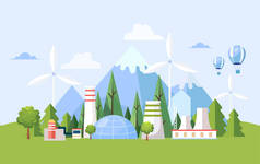 有核工厂和风力涡轮机的夏季景观。精益发电和污染发电生产.