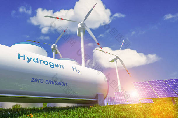 氢气可再生<strong>能源</strong>生产-用于清洁<strong>电力</strong>、太阳能和风力涡轮机设施的氢气。3d渲染.