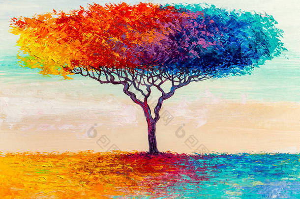 <strong>油画风景</strong>,五彩缤纷的抽象树.手绘印象派.