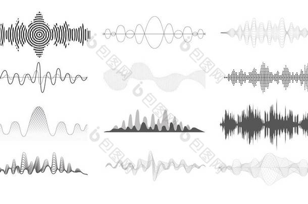 声波设定。音频均衡器技术,音量级符号,脉冲音乐,声线波形,电子无线电信号,地震波