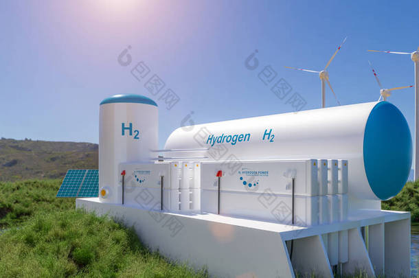 氢气可再生<strong>能源</strong>生产-用于清洁<strong>电力</strong>、太阳能和风力涡轮机设施的氢气。3d渲染.