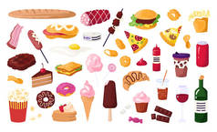 街头咖啡馆的不健康食品，快餐图标，配有汉堡包、香肠、三明治、薯条和甜甜圈、苏打水、披萨.