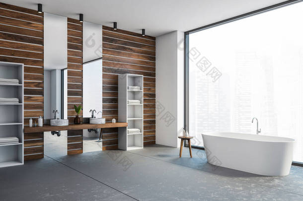 <strong>现代化</strong>浴室的角落，有灰色和木制墙壁，混凝土地面，舒适的白色浴缸和双层水池。3d渲染