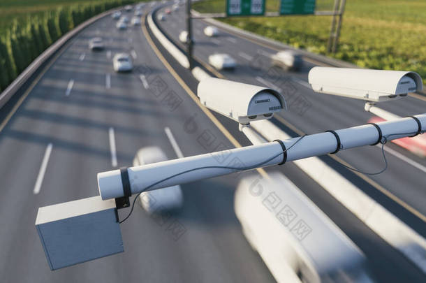 高速摄像头监控繁忙的交通道路。<strong>路上</strong>的摄像头可以控制车速