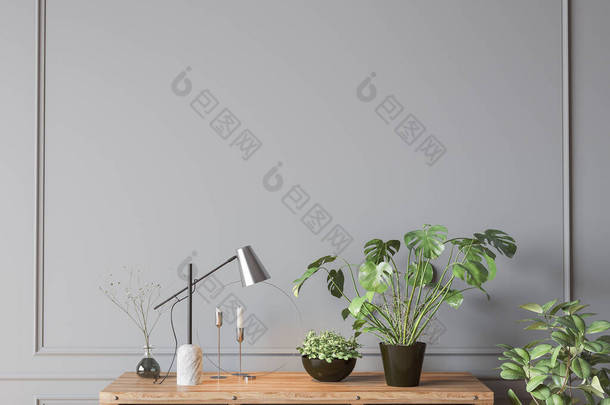 室内模拟农舍设计室,木柜和金属柜上有新鲜的绿色植物.空的经典黑暗墙，3D渲染
