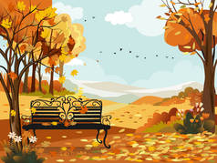 秋天的风景仙境森林，树下有长椅，秋天的中秋，树叶呈橙色，秋天的季节，枫树从树上落下来，尽收眼底 