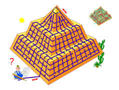 儿童和成人的逻辑迷宫游戏。帮助科学家在古老的金字塔中找到通往黄金宝藏的道路。儿童智力测试手册的工作表。智商测试在线游戏.