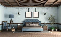 蓝色复古卧房，古典式双人床，旧扶手椅和落地灯- 3D渲染
