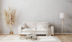 明亮的现代客厅，装饰着灰泥墙和木制地板，白色沙发，地灯和咖啡桌，客厅内部背景，3D渲染