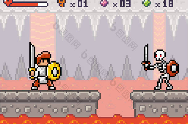 勇敢无畏的骑士准备与地下骷髅战斗，与<strong>岩浆</strong>，像素游戏界面，8位游戏