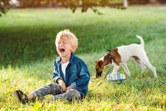 小男孩哭着坐在地上。孩子们在散步时脾气暴躁.夏天公园里的小男孩很沮丧。童年。带着狗走的可怜的孩子.