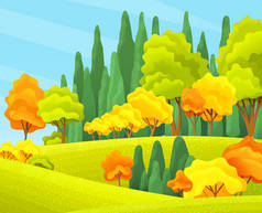 秋天的森林美丽的风景与橙色，黄色，绿树，灌木，青草，秋天的森林或木材，观景