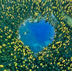 秋天，瑞士，早上，空中俯瞰着心形的绍索湖，树上长满松树和落叶松