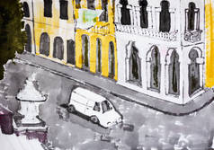 位于古巴哈瓦那市皇宫附近的城市夜景，汽车行驶在道路上，由白纸上的彩色标识手绘