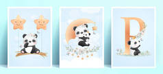 可爱的涂鸦熊猫与花卉插图