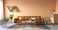 舒适的客厅，带有梯形色彩，3D渲染