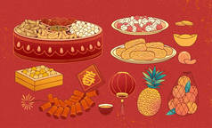 在手绘图案中以红色为背景的一套中国新年食品元素，包括干果、水果和爆竹，文字：春天