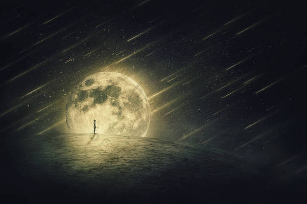 在一个人物形象的超现实的世界里，一个人孤零零地躺在一块干枯的空旷的土地上，看着星空的夜空，彗星坠落，笼罩在满月的背景中。空间现象、概念景观.