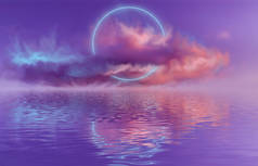 抽象的霓虹灯景观与云彩,霓虹灯在水中反射.未来派景观，霓虹灯圈。彩色紫外光背景. 
