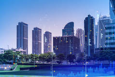 迪拜码头的钢铁和玻璃摩天大楼全景。阿联酋首都的现代城市景观。金融服务中心。FOREX图表和图表概念。加倍暴露.