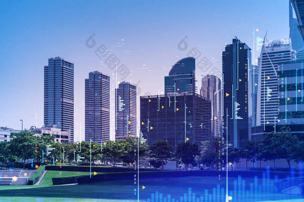 <strong>迪拜</strong>码头的钢铁和玻璃摩天大楼全景。阿联酋首都的现代城市景观。金融服务中心。FOREX图表和图表概念。加倍暴露.