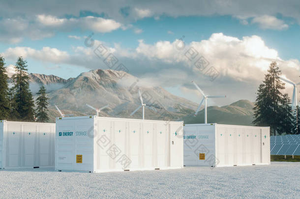 现代集装箱蓄电池发电厂系统，配有太阳能电池板和风力涡轮机系统，位于大自然中，背景为圣海伦火山。3d渲染.