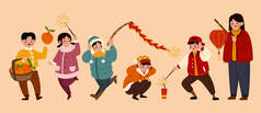 在农历新年活动中,孤立的人物形象.可爱的亚洲儿童点燃鞭炮或拿着灯笼和橙色篮子.