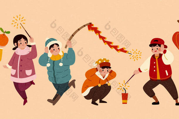 在农历新年活动中,孤立的人物形象.可爱的亚洲儿童点燃鞭炮或拿着灯笼和橙色篮子.