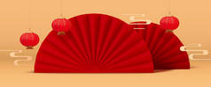3D产品展示背景与红纸风扇和灯笼。适合中日文化装饰.
