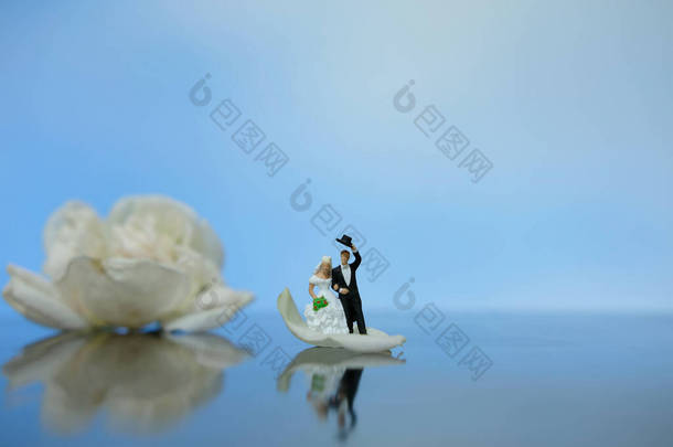 迷你摄影户外婚礼的理念，新娘新郎走在红白玫瑰花堆上