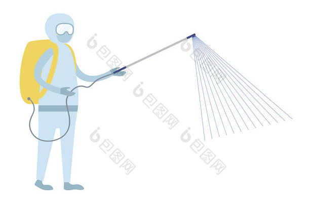 man in chemistry protection costume spraying with sanitizer <strong>banner</strong> stylish illustration