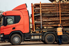 一辆装有树干的卡车。木材加工厂的货物运输。工业原料运输的物流公司