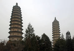 The famous pagodas at the Twin Pagoda Temple (Yongzuo Temple) in Taiyuan. The historical Twin Pagoda