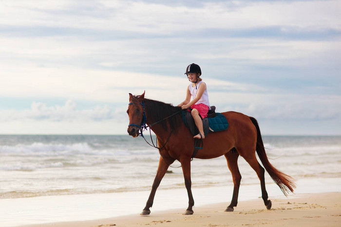 孩子们骑马在海滩上孩子们骑马一个可爱的小