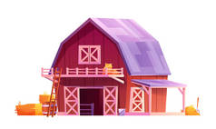 有敞开大门、干草、农舍、谷仓的谷仓