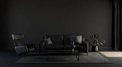 深色房间，带有空墙、沙发、椅子、植物、地毯和单色黑色窗帘的招贴画背景，3D渲染画框.