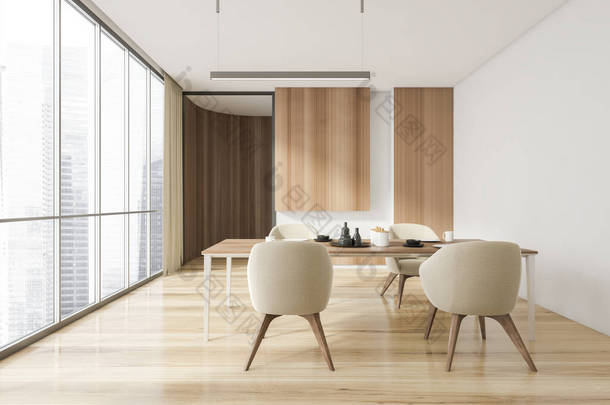 餐厅的风格和木制内部有设计桌子和四张<strong>米色</strong>椅子。家居装饰的简约风格。宴会厅。全景窗与城市景观。3d渲染