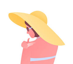 防晒霜的概念。病媒扁平化的人举例说明。戴着帽子和游泳衣的谭女神通把防晒霜戴在肩上.化妆品和皮肤科设计.