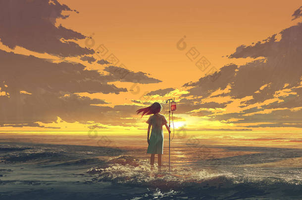 带着血袋站在海面上的女人，带着血袋望着夕阳西下的天空，数码<strong>艺术风格</strong>，插图绘画