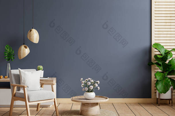 客厅室内墙壁以深沉的色调模仿，灰色扶手椅配有木柜。