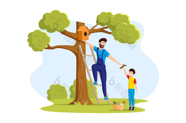 快乐的父亲和儿子把鸟屋挂在树上。笑笑家父男孩享受夏天户外<strong>活动</strong>。周末业余时间和户外<strong>活动</strong>，友好的家庭漫画媒介