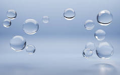 水底有清晰的气泡球.水底质地，有液珠或水滴在蓝色水底背景。现实的产品广告三维图解面，模拟横幅